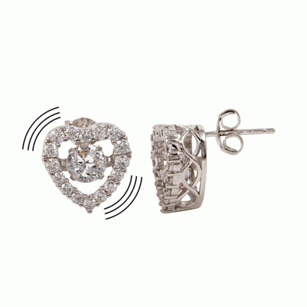 Sterling Silver Rhodium Plated Heart Shaped Dancing CZ Stud Earrings