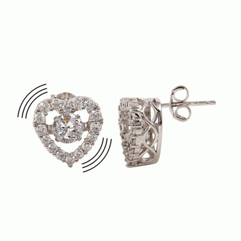 Sterling Silver Rhodium Plated Heart Shaped Dancing CZ Stud Earrings