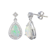 Load image into Gallery viewer, Sterling Silver Rhodium Plated Teardrop Synthetic Opal With CZ Earrings