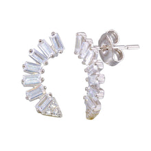 Load image into Gallery viewer, Sterling Silver Rhodium Plated Baguette CZ Dangling Crescent Earrings