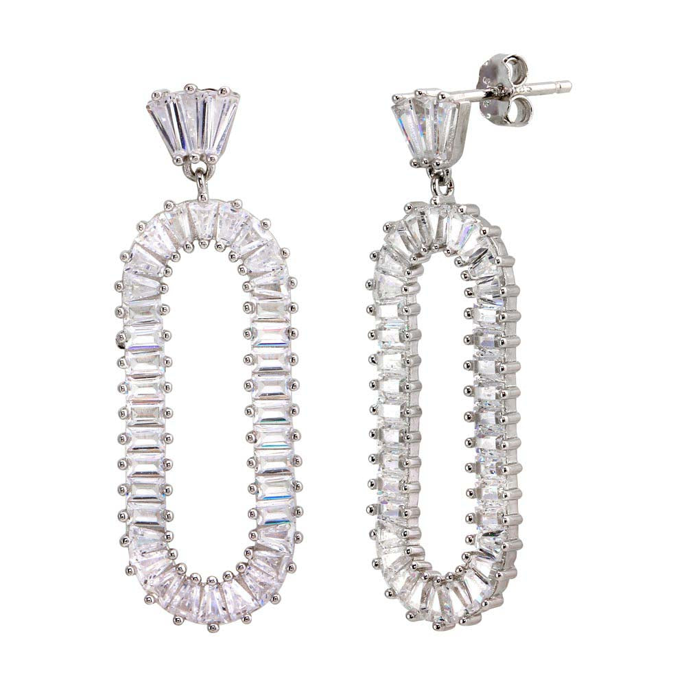 Sterling Silver Rhodium Plated Open Oval Baguette CZ Dangling Earrings
