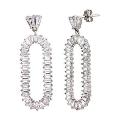 Sterling Silver Rhodium Plated Open Oval Baguette CZ Dangling Earrings