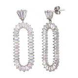 Sterling Silver Rhodium Plated Open Oval Baguette CZ Dangling Earrings