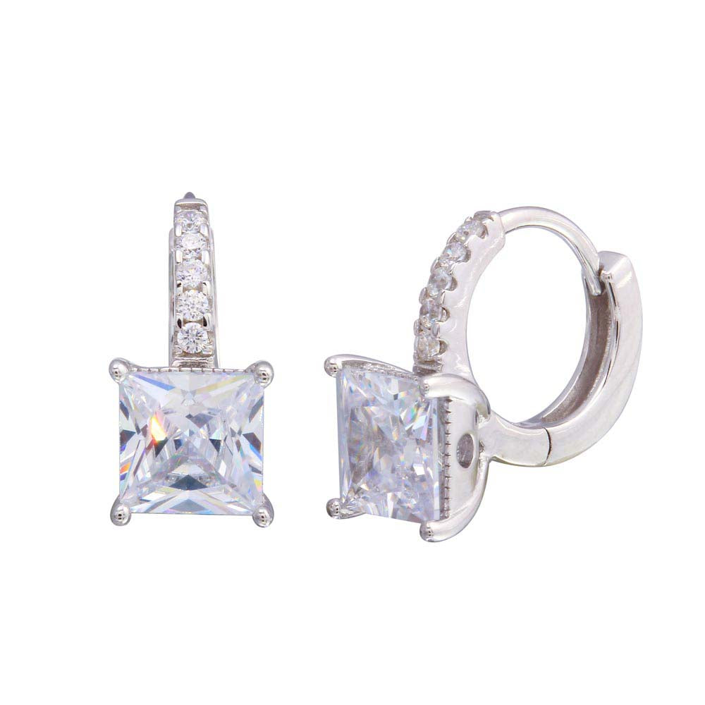 Sterling Silver Rhodium Plated Dangling Square CZ Disc Huggie Earrings