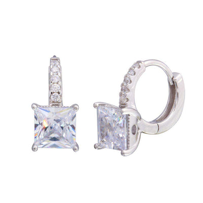 Sterling Silver Rhodium Plated Dangling Square CZ Disc Huggie Earrings