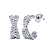 Load image into Gallery viewer, Sterling Silver Rhodium Plated Semi Hoop X CZ Round Earrings