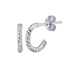 Sterling Silver Rhodium Plated Semi Hoop Rope Design Earrings