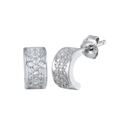 Sterling Silver Rhodium Plated Semi Hoop CZ Huggie Earrings