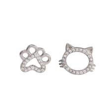 Load image into Gallery viewer, Sterling Silver Rhodium Plated CZ Cat And Paw Stud Earrings