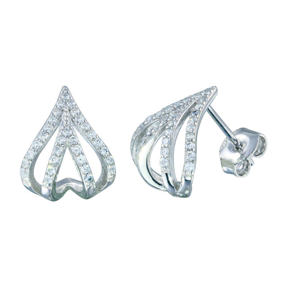 Sterling Silver Rhodium Plated 4 Line Semi Huggie CZ Stud Earrings