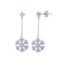 Load image into Gallery viewer, Sterling Silver Rhodium Plated Dangling CZ Snow Flakes Earrings
