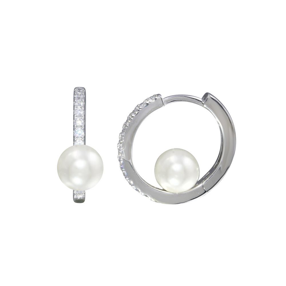 Sterling Silver Rhodium Plated CZ Pearl Center Hoop Earrings