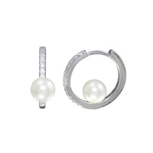Load image into Gallery viewer, Sterling Silver Rhodium Plated CZ Pearl Center Hoop Earrings