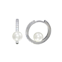 Sterling Silver Rhodium Plated CZ Pearl Center Hoop Earrings