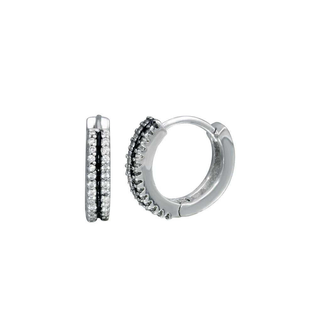 Sterling Silver Rhodium Plated Two Line CZ Huggy Earrings