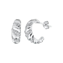 Load image into Gallery viewer, Sterling Silver Rhodium Plated Semi Hoop Braid Design CZ Earrings
