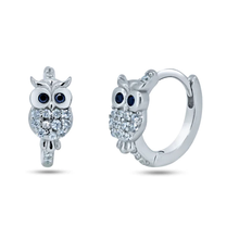 Load image into Gallery viewer, Sterling Silver Rhodium Plated Pave Huggie Owl Hoop Earrings