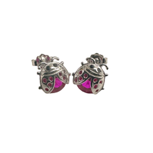 Load image into Gallery viewer, Sterling Silver Rhodium Plated Lady Bug Red CZ Stud Earrings Dimensions-7.3mmx6.9mm