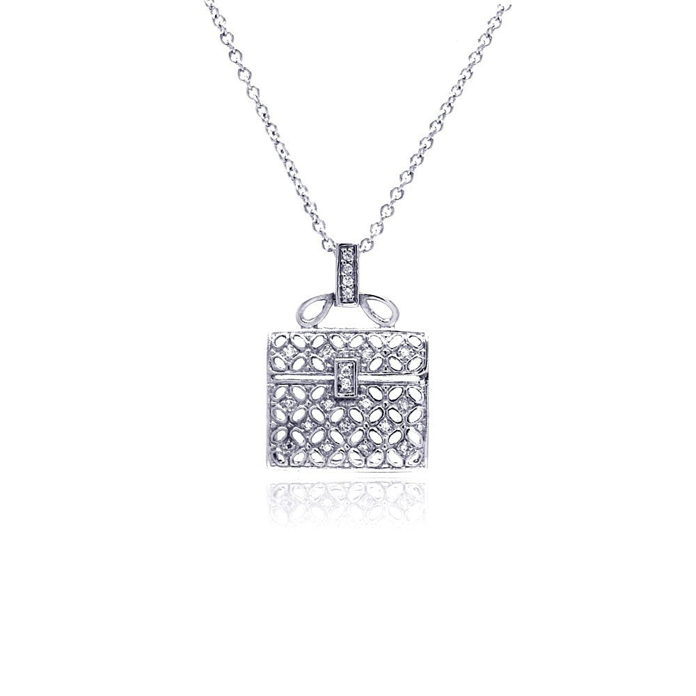 Sterling Silver Necklace with Fashion Purse Inlaid with Clear Czs Pendant