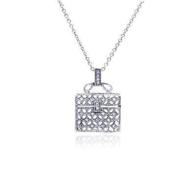 Sterling Silver Necklace with Fashion Purse Inlaid with Clear Czs Pendant