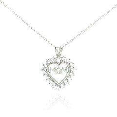Sterling Silver Clear CZ Rhodium Plated Mom Heart Pendant Necklace