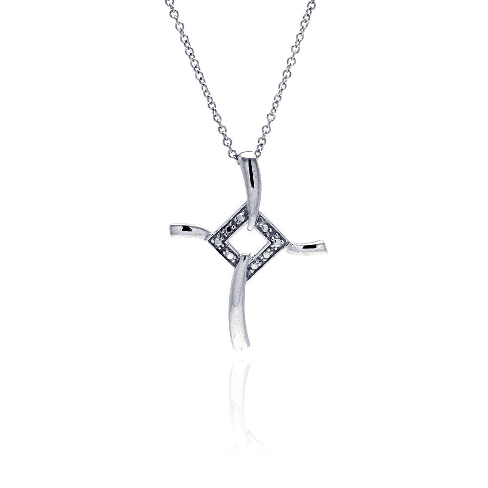 Sterling Silver Clear CZ Rhodium Plated Fancy Cross Pendant Necklace