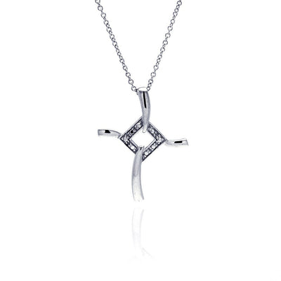 Sterling Silver Clear CZ Rhodium Plated Fancy Cross Pendant Necklace