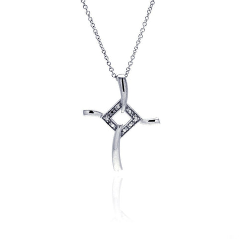Sterling Silver Clear CZ Rhodium Plated Fancy Cross Pendant Necklace