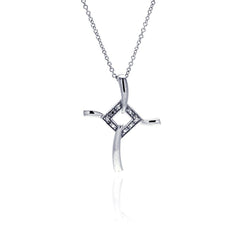 Sterling Silver Clear CZ Rhodium Plated Fancy Cross Pendant Necklace