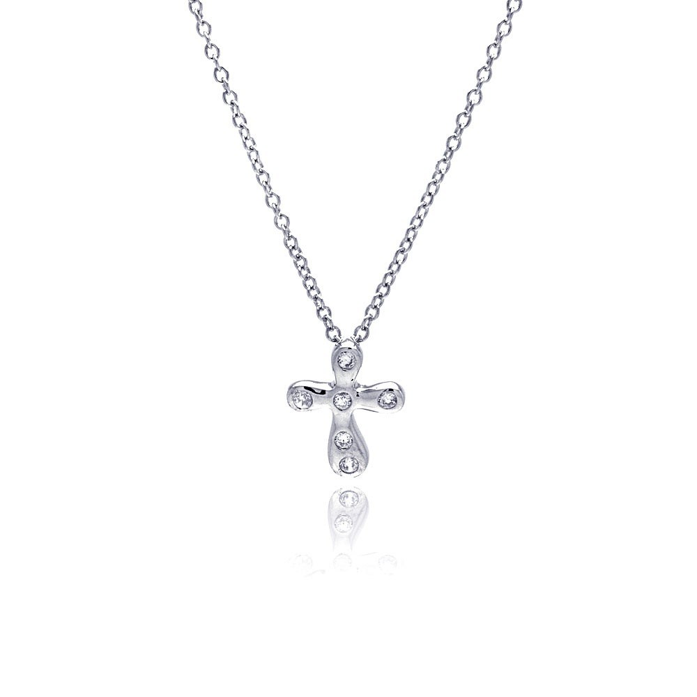 Sterling Silver Clear CZ Rhodium Plated Cross Pendant Necklace