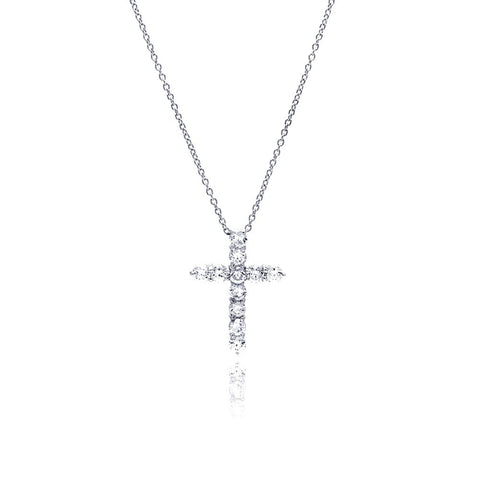 Sterling Silver Clear CZ Rhodium Plated Classic Cross Pendant Necklace