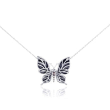 Load image into Gallery viewer, Sterling Silver Rhodium Plated Clear CZ Butterfly Onyx Pendant Necklace