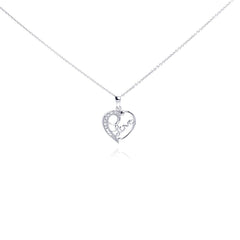 Sterling Silver Necklace with Fancy Open Heart Inlaid with Clear Czs with  Love  Design Pendant