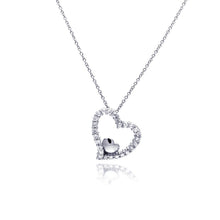 Load image into Gallery viewer, Sterling Silver Necklace with Classy Paved Czs Open Heart with Small Plain Heart Pendant