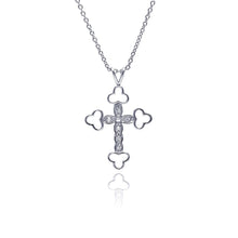 Load image into Gallery viewer, Sterling Silver Clear CZ Rhodium Plated Fancy Cross Pendant Necklace