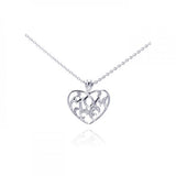 Sterling Silver Necklace with Fancy Heart  MOM  Inlaid with Clear Czs Pendant