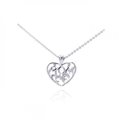 Sterling Silver Necklace with Fancy Heart  MOM  Inlaid with Clear Czs Pendant