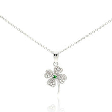 Load image into Gallery viewer, Sterling Silver Necklace with Small Paved Clover Flower with Centered Green Cz Pendant