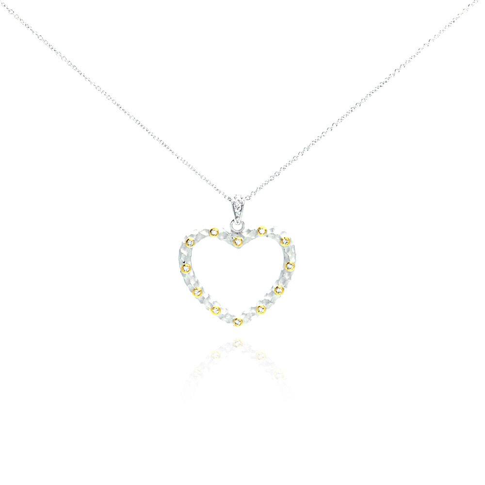 Sterling Silver Necklace with Two-Toned Hammered Open Heart Inlaid with Clear Czs Pendant