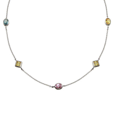 Sterling Silver Rhodium Plated Multi Color and Shape CZ Necklace - silverdepot