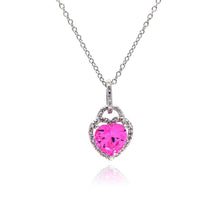 Load image into Gallery viewer, Sterling Silver Necklace with Fancy Solitaire Heart Cut Pink Cz with Paved Halo Setting Pendant