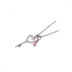 Sterling Silver Necklace with Trendy Heart Key Inlaid with Clear Czs and Pink Cz Drop Pendant