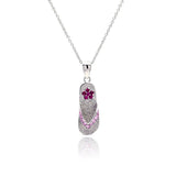 Sterling Silver Necklace with Fashion Flip Flop Pendant with Flower Design and Inlaid with Pink Czs