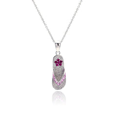 Sterling Silver Necklace with Fashion Flip Flop Pendant with Flower Design and Inlaid with Pink Czs
