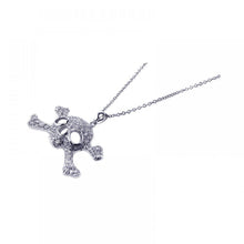 Load image into Gallery viewer, Sterling Silver Clear CZ Rhodium Plated Skull Pendant Necklace