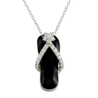 Sterling Silver Rhodium Plated Black Flip-Flop Necklace with CZ