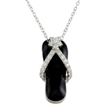 Sterling Silver Rhodium Plated Black Flip-Flop Necklace with CZ