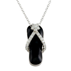 Sterling Silver Rhodium Plated Black Flip-Flop Necklace with CZ