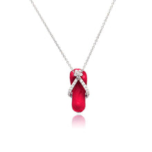 Load image into Gallery viewer, Sterling Silver Necklace with Fashion Pink Enamel Flip Flop Pendant with Flower Design and Inlaid with Clear Czs