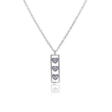 Load image into Gallery viewer, Sterling Silver Necklace with Open Rectangular Bar Inlaid with Three Paved Hearts Pendant